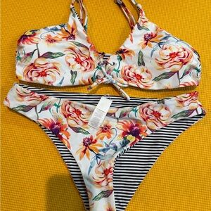 Cupshe White Floral & Black-White Stripe Two-Piece Bikini